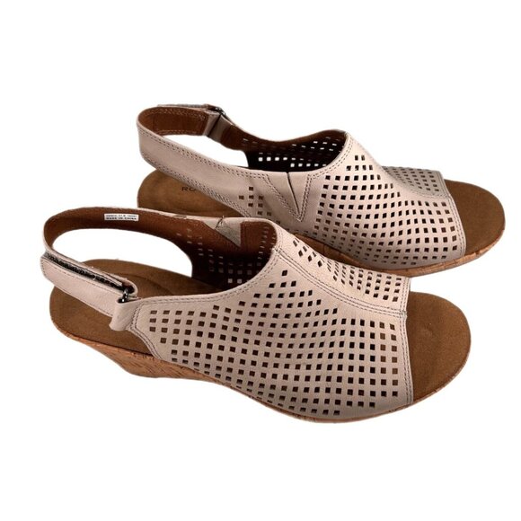 Rockport Womens Tan Taupe Perforated Leather Peep Toe Cork Wedge Shoes Sz 8.5 - Picture 2 of 12